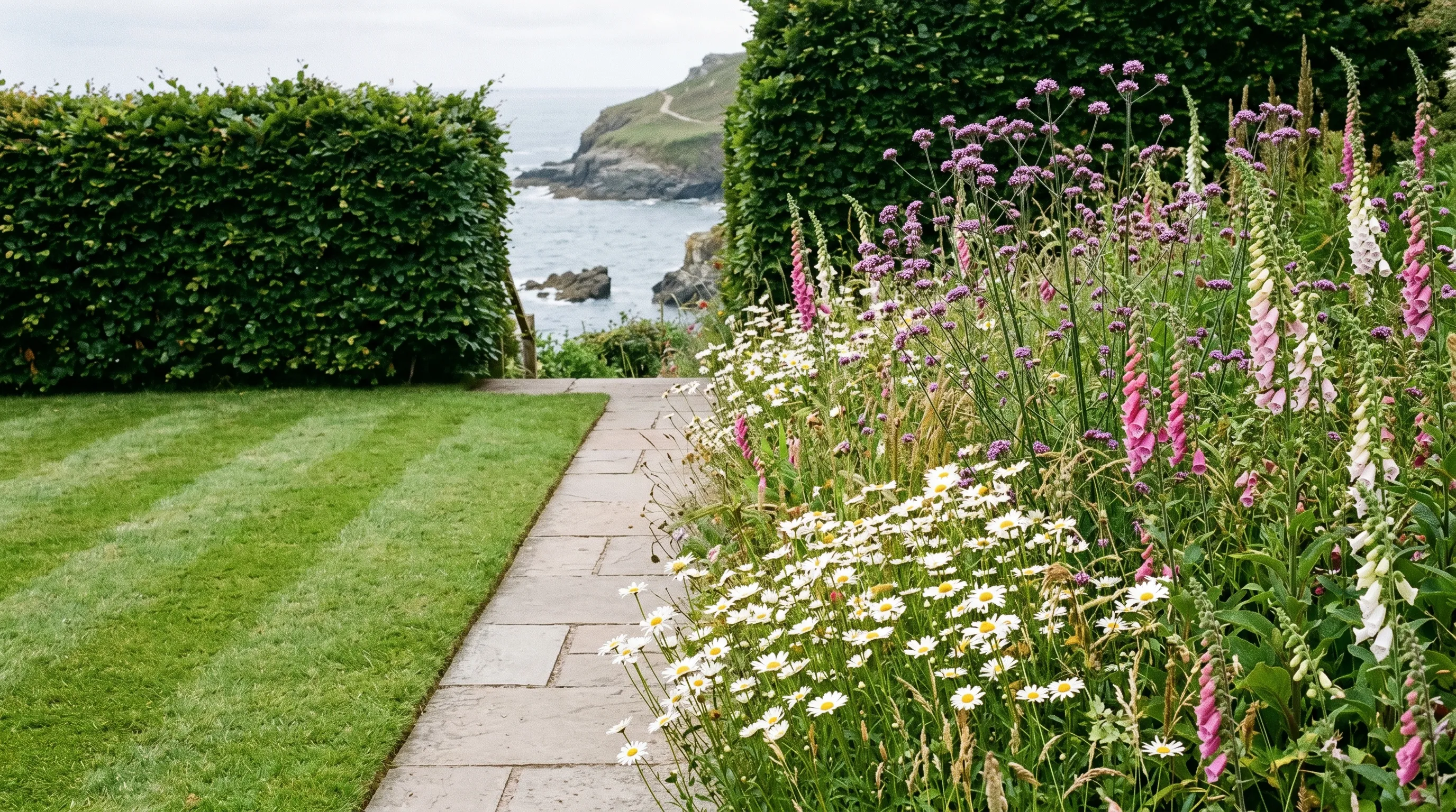 Diagnostic comparison of mown lawn edge against wild perennial border in a Cornish coastal garden