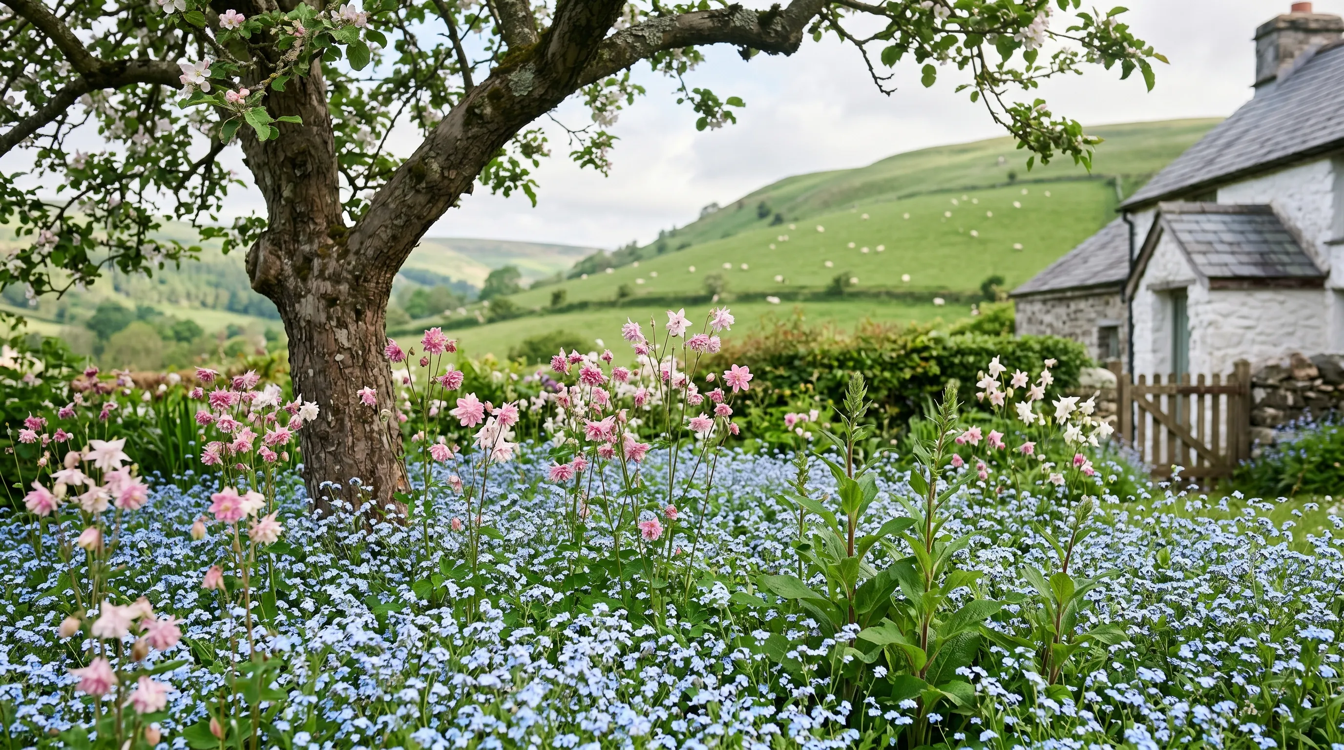 Self-seeded forget-me-nots and aquilegia in a Welsh valley cottage garden under an old apple tree