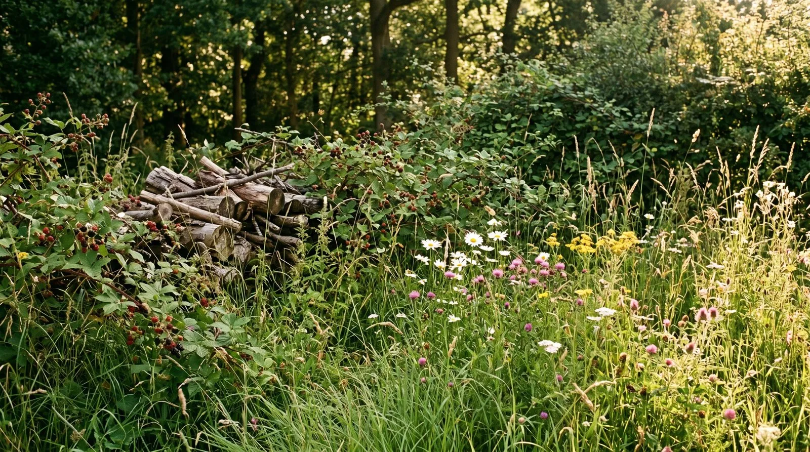 A wild, unmown corner of a UK garden with long grass, native wildflowers, bramble and a log pile beside a woodland-edge hedge