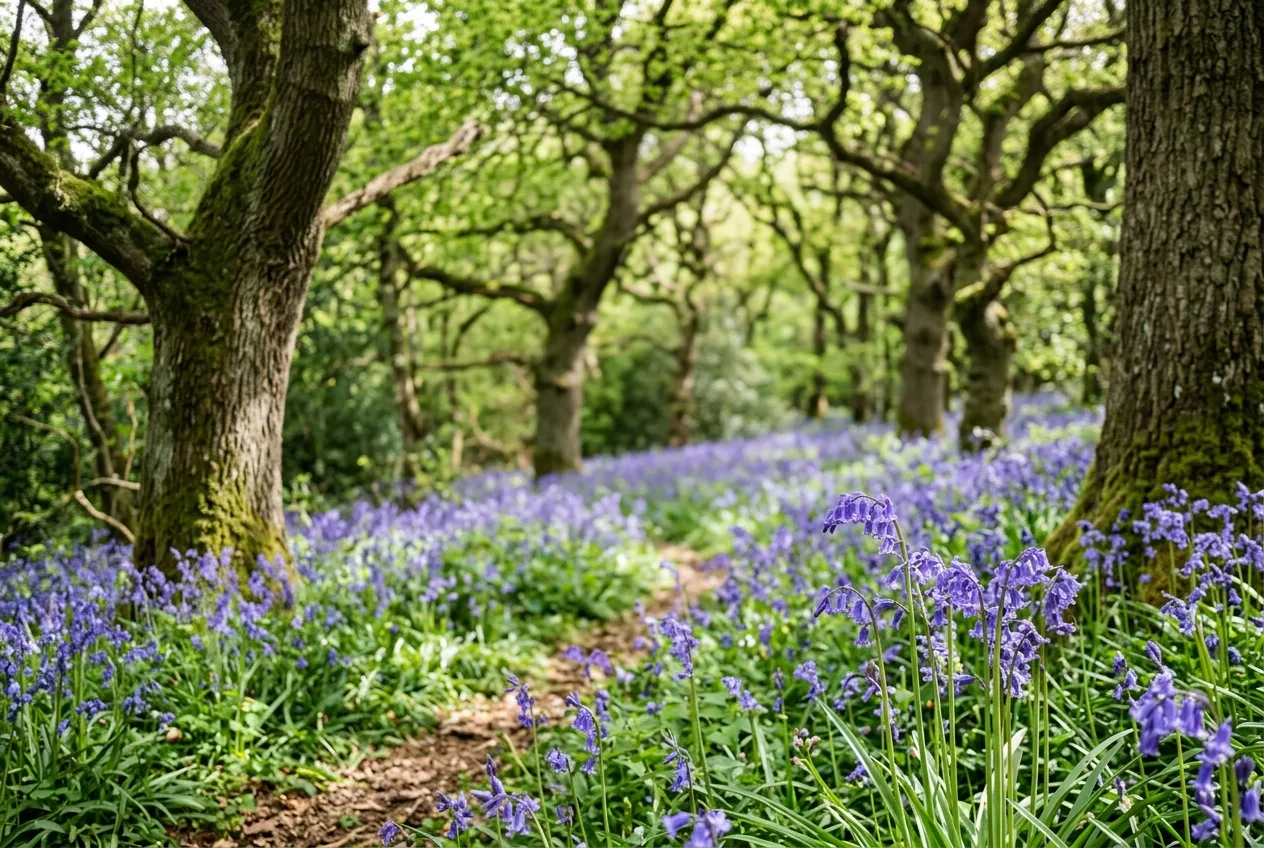 Wildflower identification UK bluebells carpeting ancient woodland floor in spring