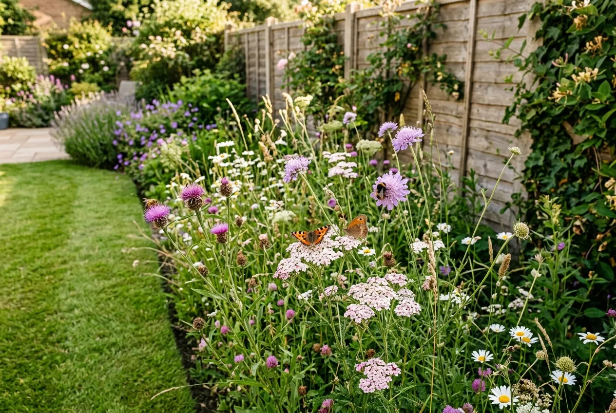 Wildflower identification UK garden patch with native species attracting pollinators