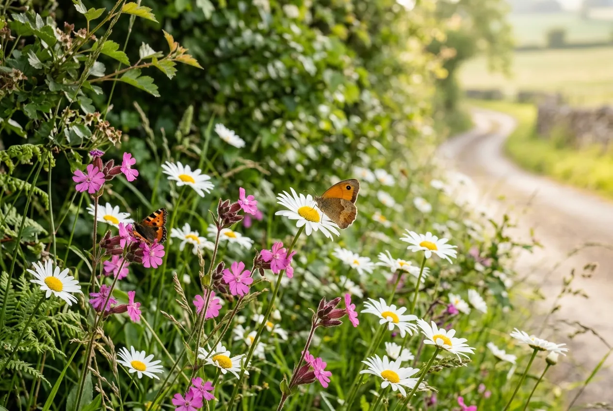 Wildflower identification UK hedgerow with ox-eye daisies and red campion