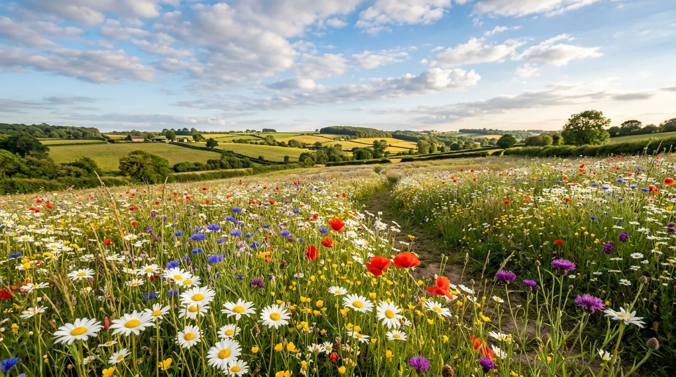 Wildflower identification UK meadow with ox-eye daisies poppies and cornflowers in Staffordshire countryside