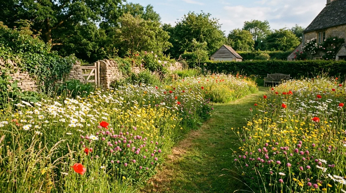 Wildflower lawn in full summer bloom with ox-eye daisies, buttercups, and poppies in a UK garden