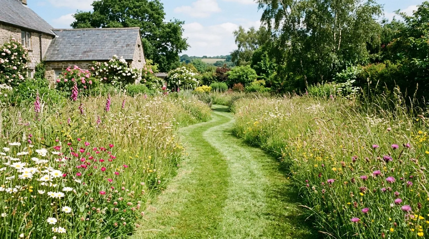 Wildflower lawn with a mown grass path cutting through tall grasses and flowers