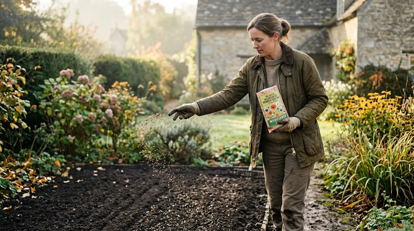 Wildflower lawn seed sowing by hand onto prepared bare soil in a UK garden