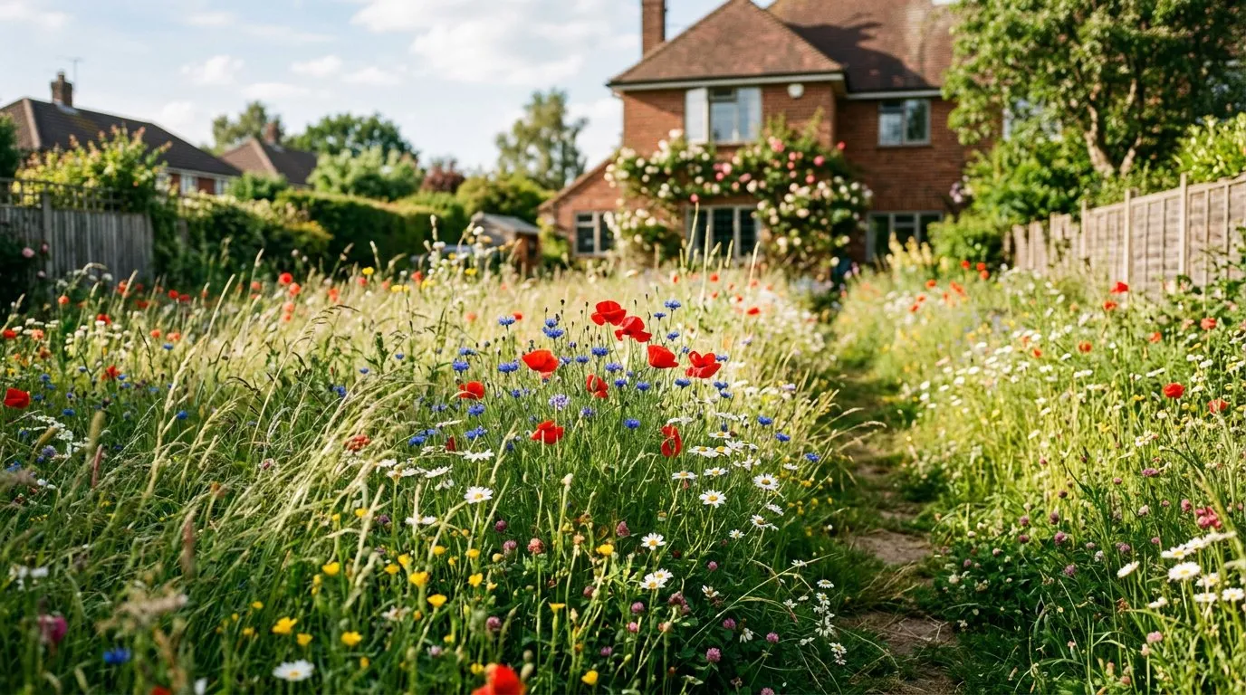 Wildflower meadow lawn with poppies daisies and cornflowers in a suburban garden