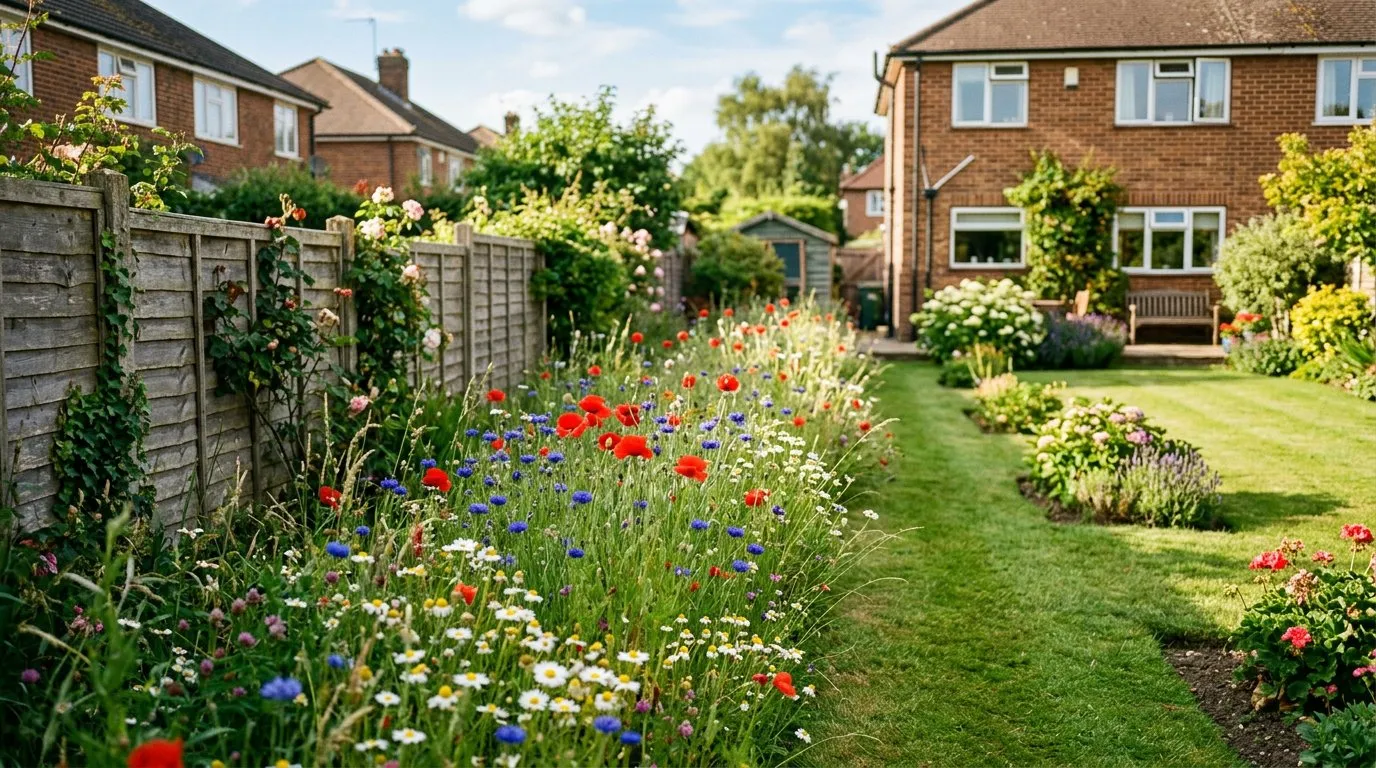 A wildflower meadow in full bloom with ox-eye daisies and knapweed beside a mown garden path