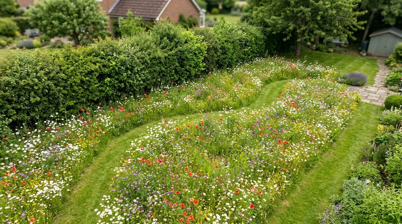 Aerial view of UK garden showing 50 square metre wildflower meadow with mown grass paths winding through and adjacent native hedge in late June