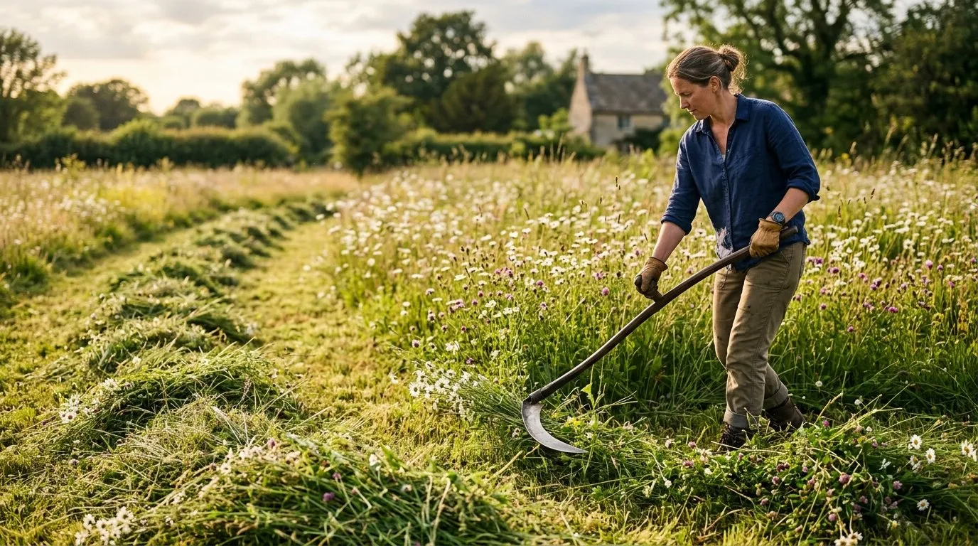 Traditional Austrian scythe being used to cut a UK wildflower meadow in late July with arisings left in windrows on the meadow surface