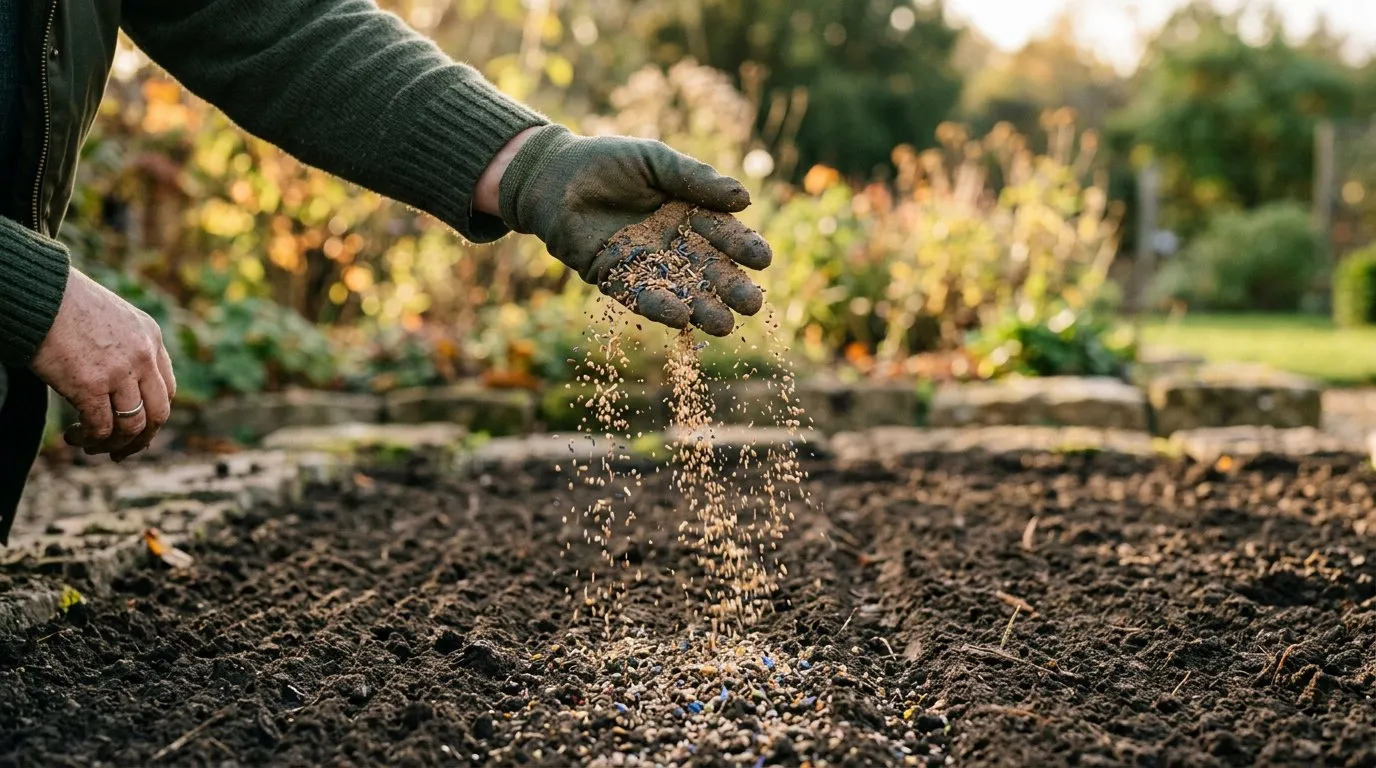 Hands broadcasting wildflower seeds mixed with sand over bare prepared soil