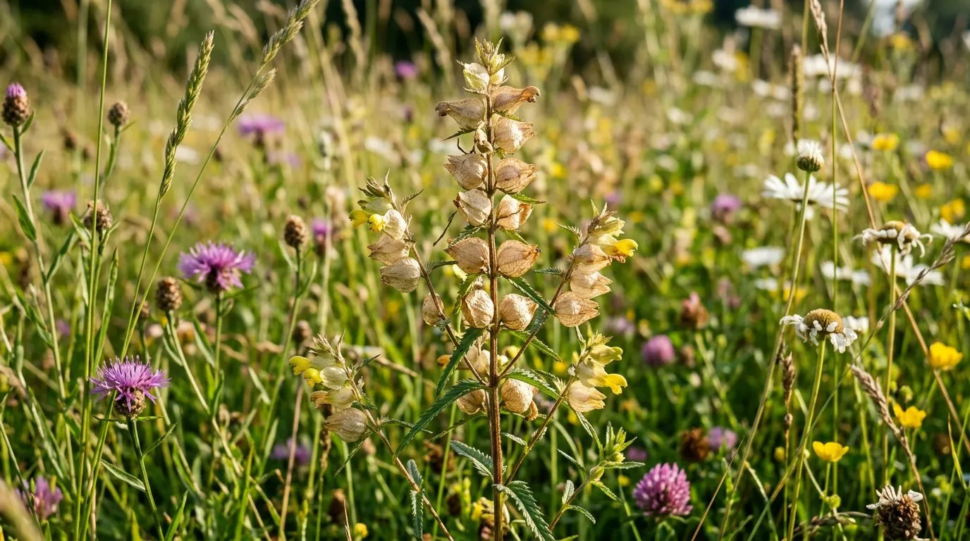 A patch of yellow rattle flowers growing among grass in a wildflower meadow