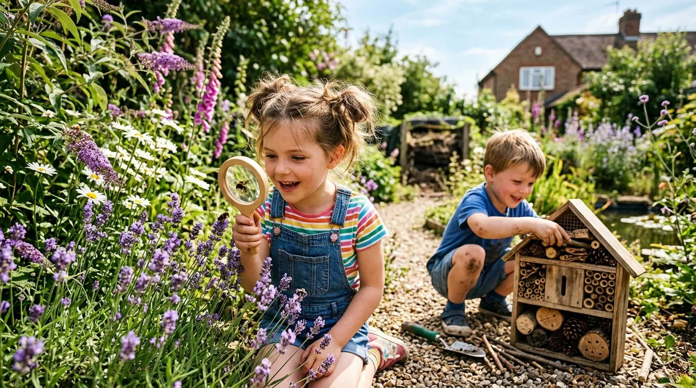 Wildlife activities kids exploring a garden with magnifying glass and bug hotel