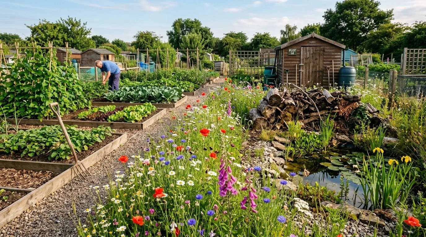 Wildlife-friendly UK allotment with wildflower pollinator strip between vegetable beds