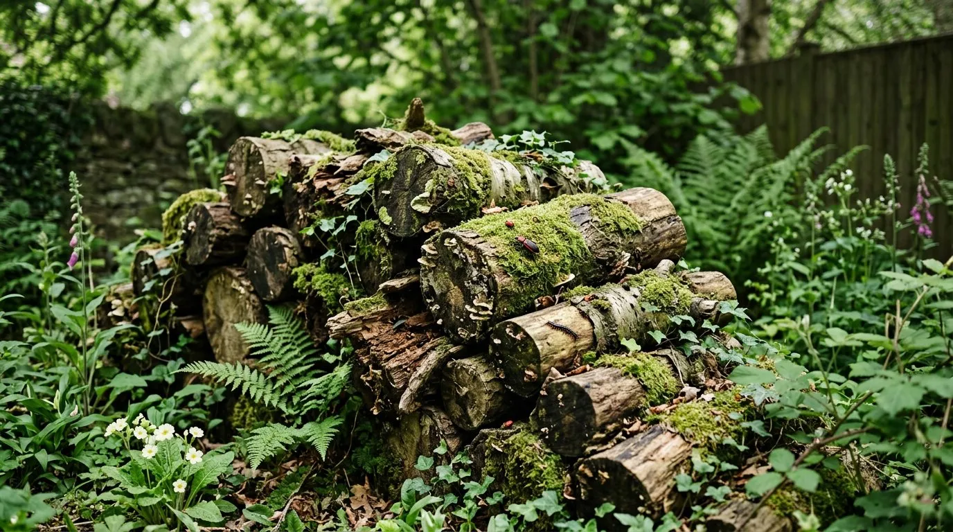 Wildlife garden log pile habitat in a shady corner with moss-covered logs and ferns