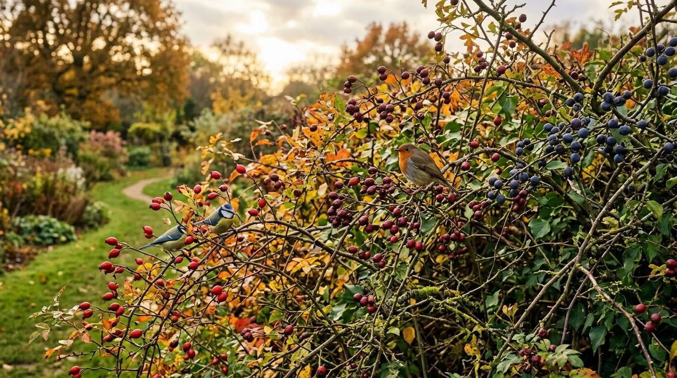 Wildlife garden mixed native hedgerow with hawthorn, blackthorn, and dog rose berries