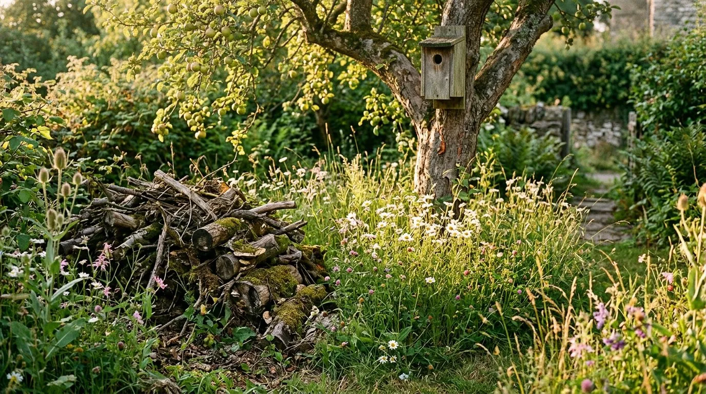 Wildlife-friendly UK garden with a small pond, log pile, and native wildflowers growing in an unmown meadow area