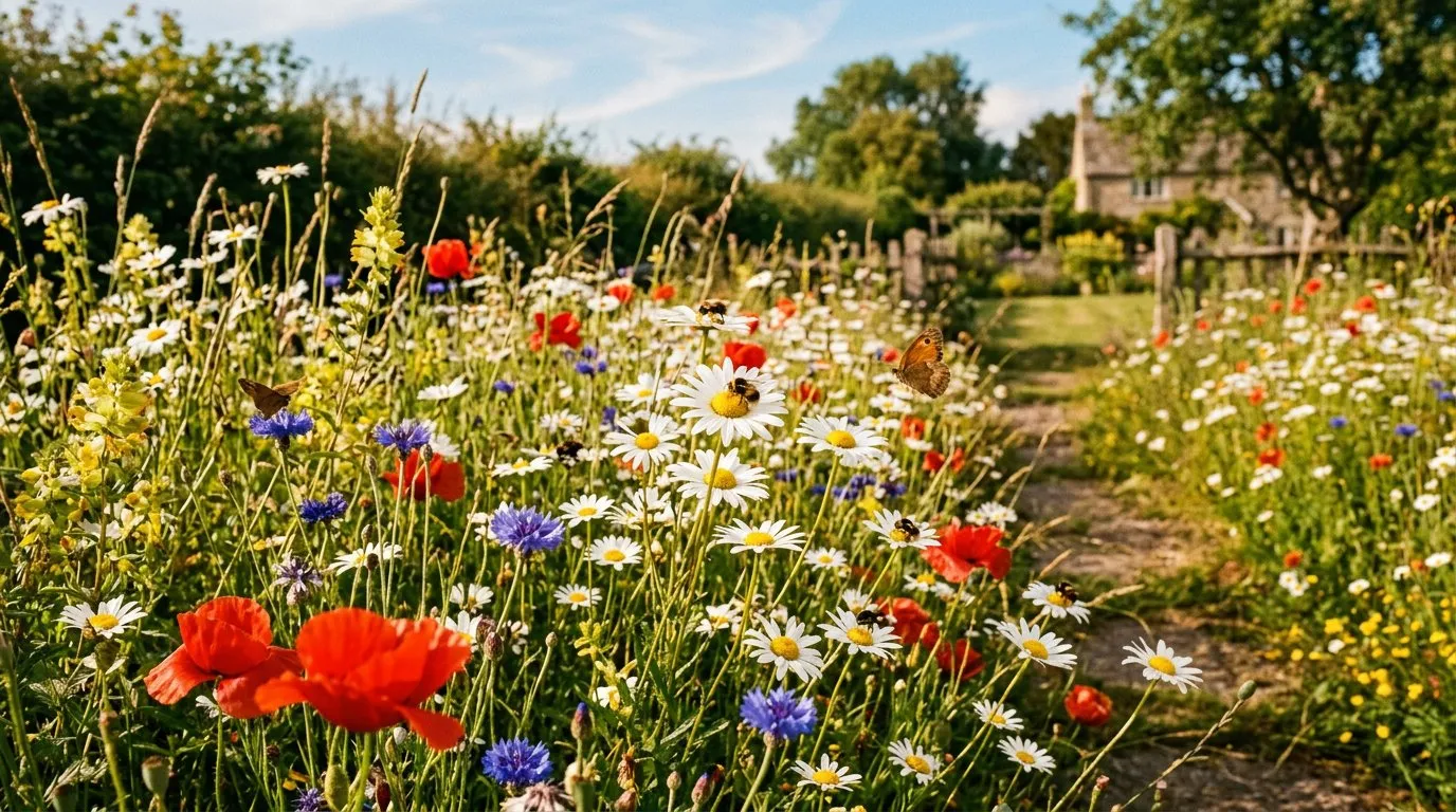 Wildlife garden wildflower meadow with ox-eye daisies, poppies, and cornflowers buzzing with bees