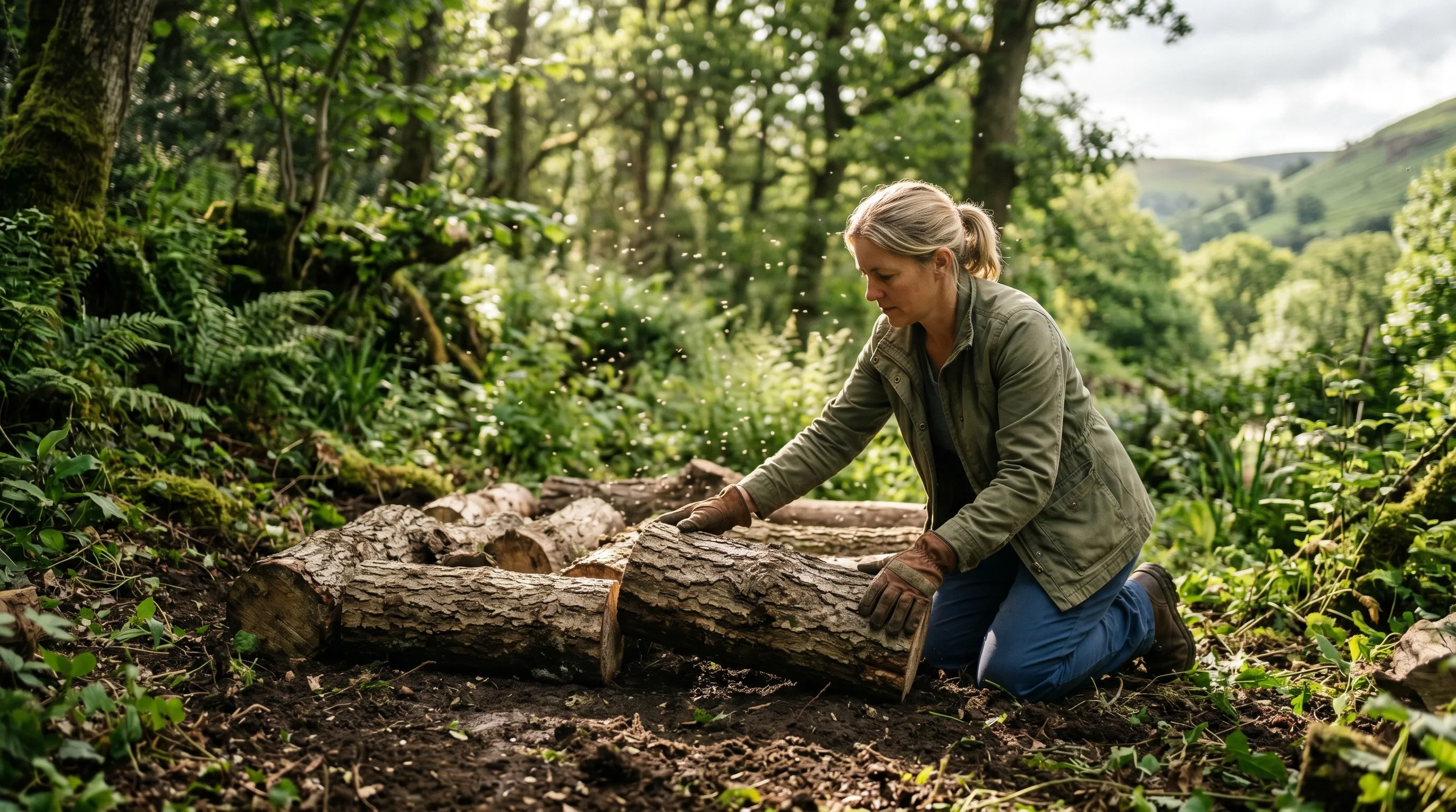 Constructing the base layer of a wildlife log pile with thick oak logs