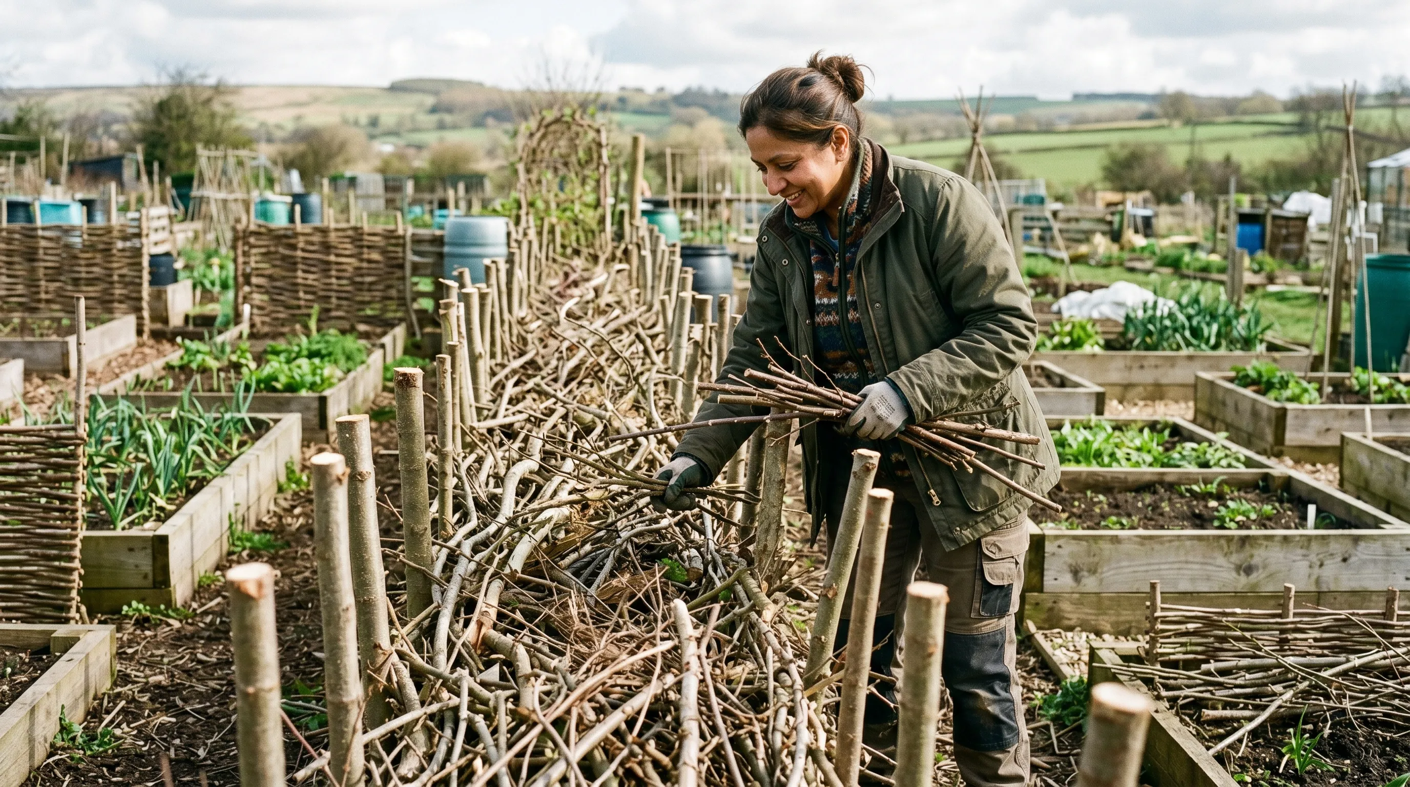 Dead hedge structure on an allotment in Yorkshire