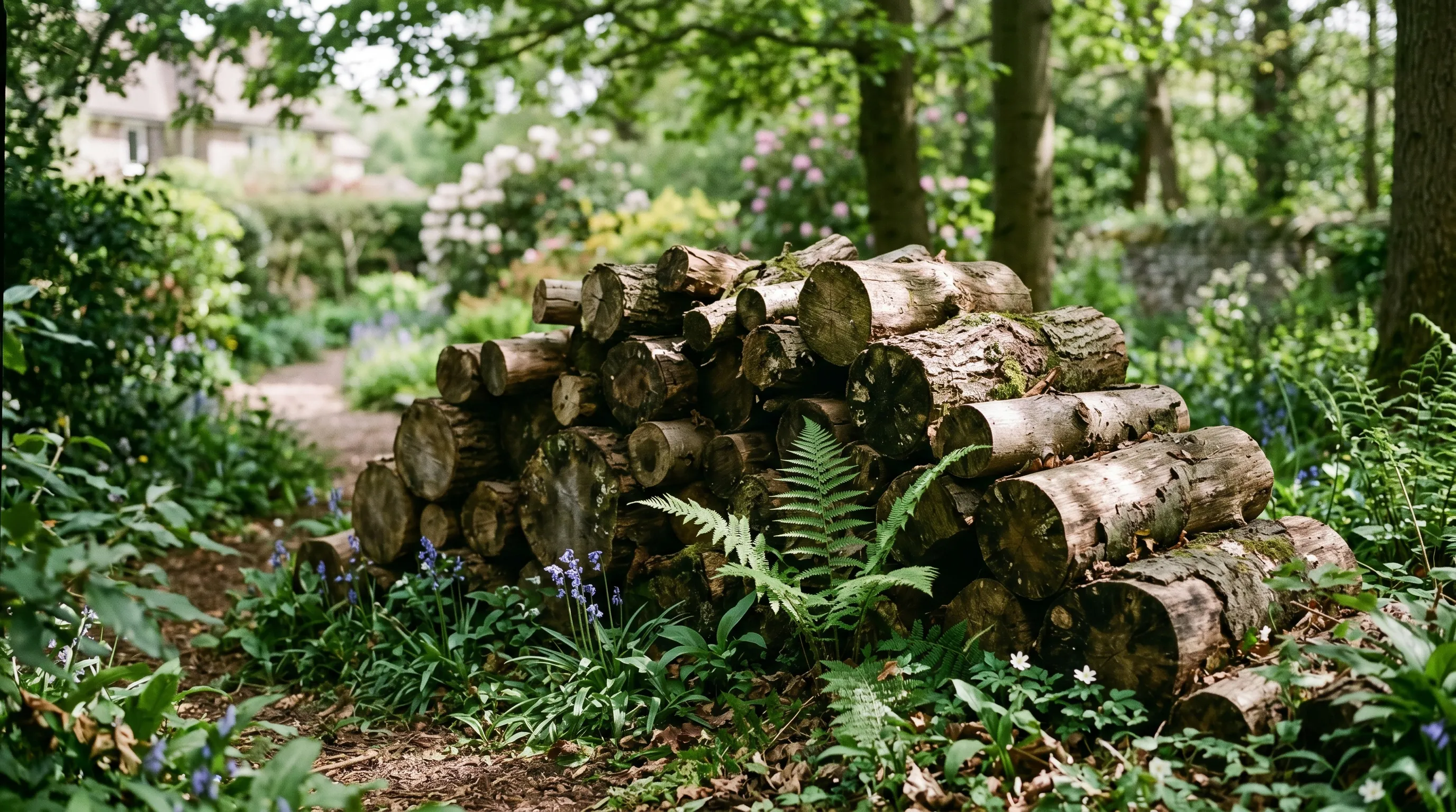 Wildlife log pile UK with stacked oak and beech logs in a shady garden corner, ferns and moss colonising the base