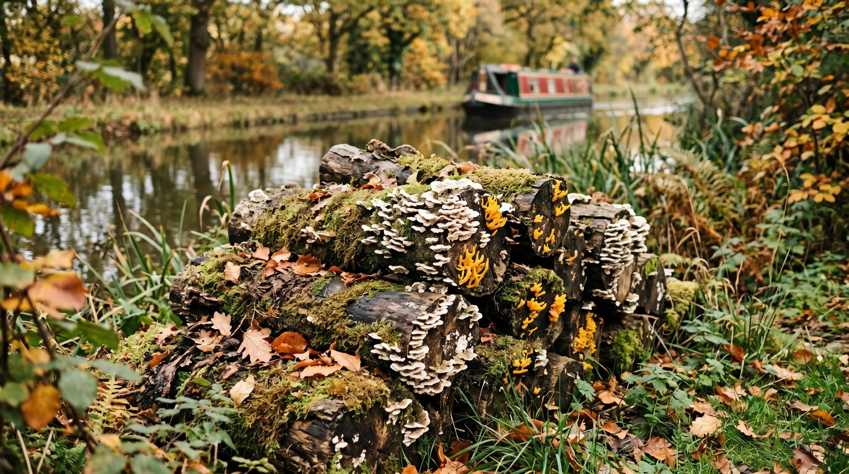 Mature five-year-old log pile covered in white bracket fungi and yellow stagshorn