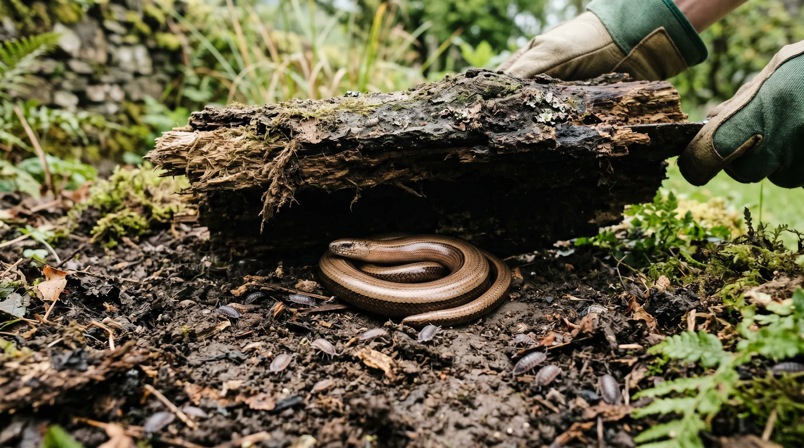 Slow worm curled under a lifted log in a Lakes District garden