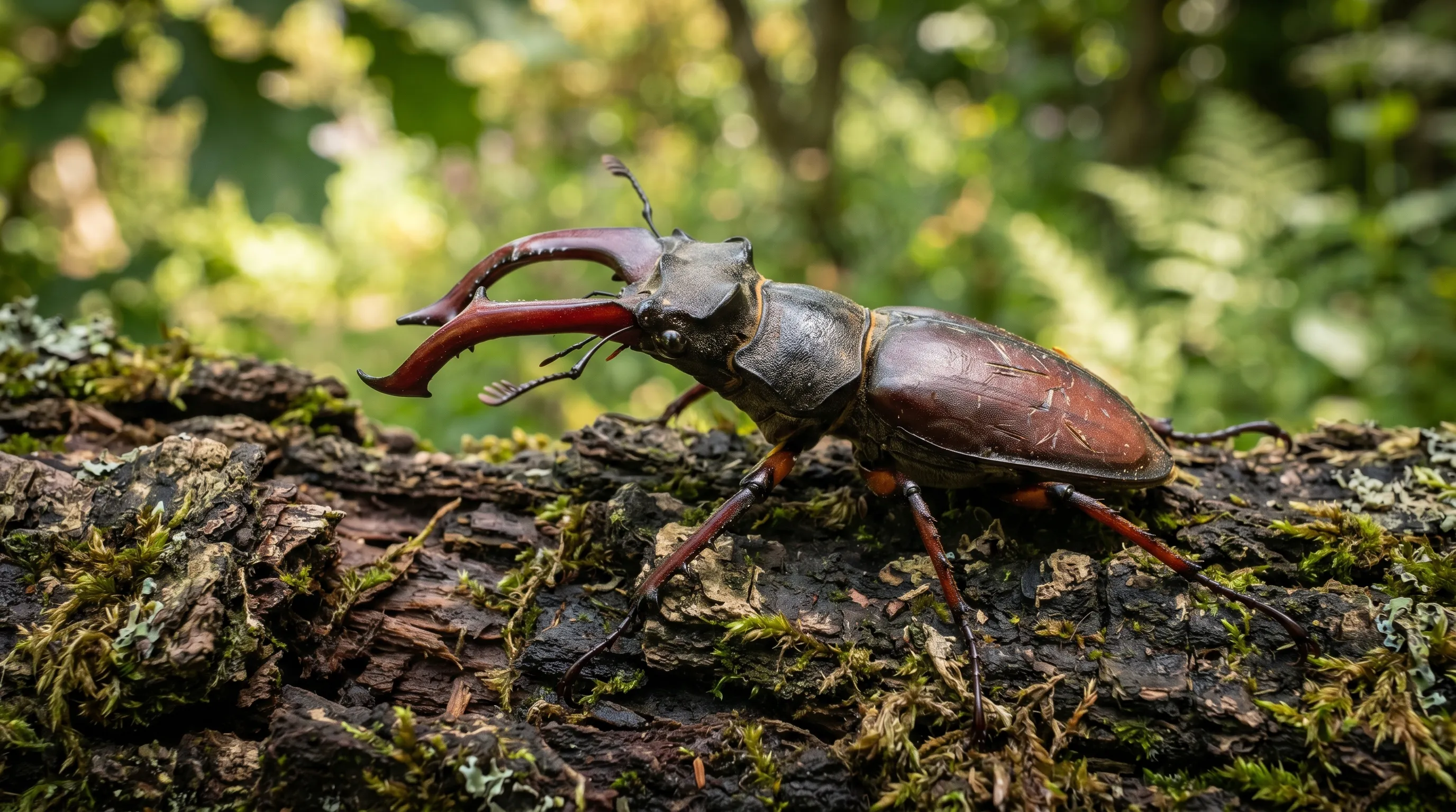Stag beetle on rotting oak log in a Cotswolds garden