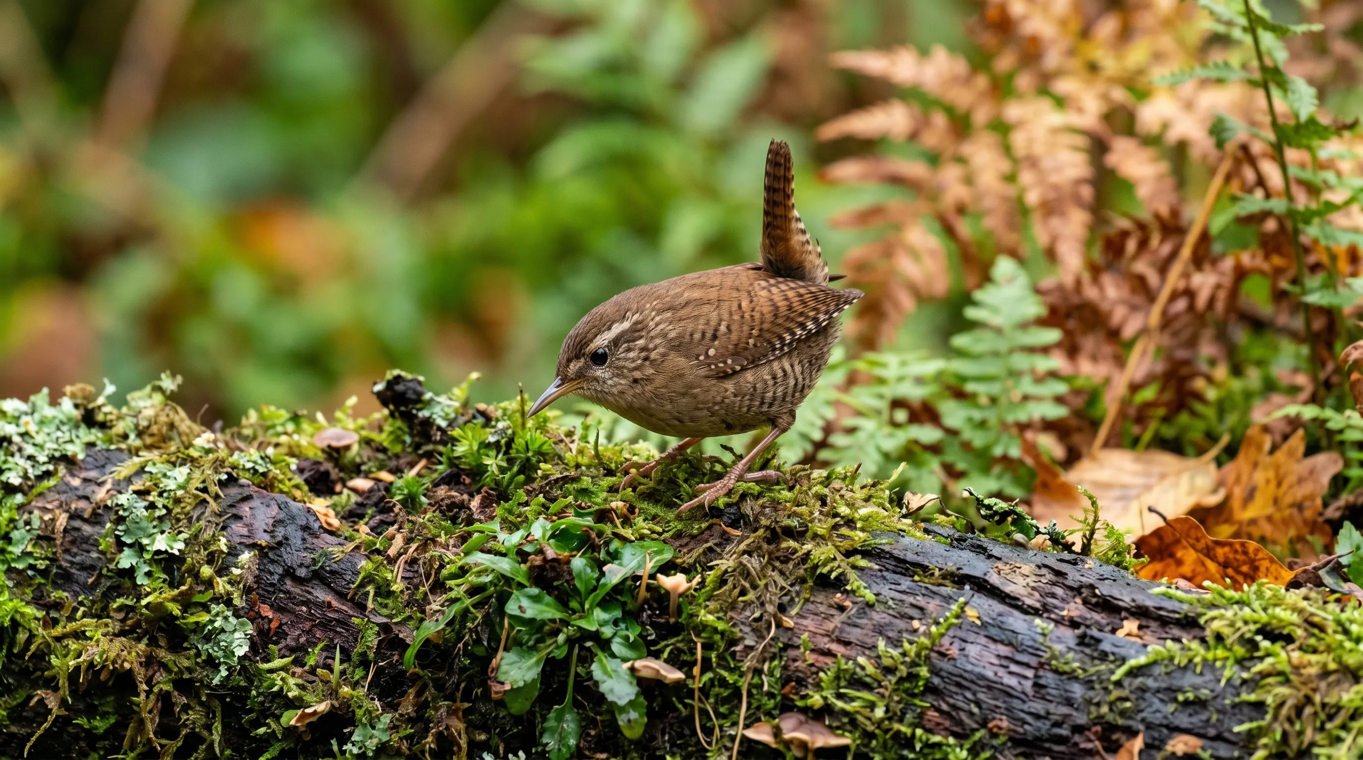 Wren foraging at a mossy log in a Scottish garden