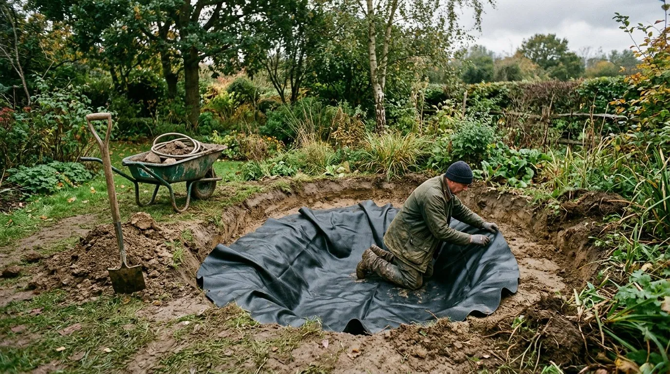 Wildlife pond construction with freshly dug hole and butyl liner being laid in a UK garden