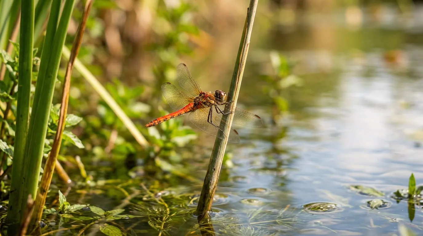 Wildlife pond dragonfly resting on reeds at the edge of a UK garden pond