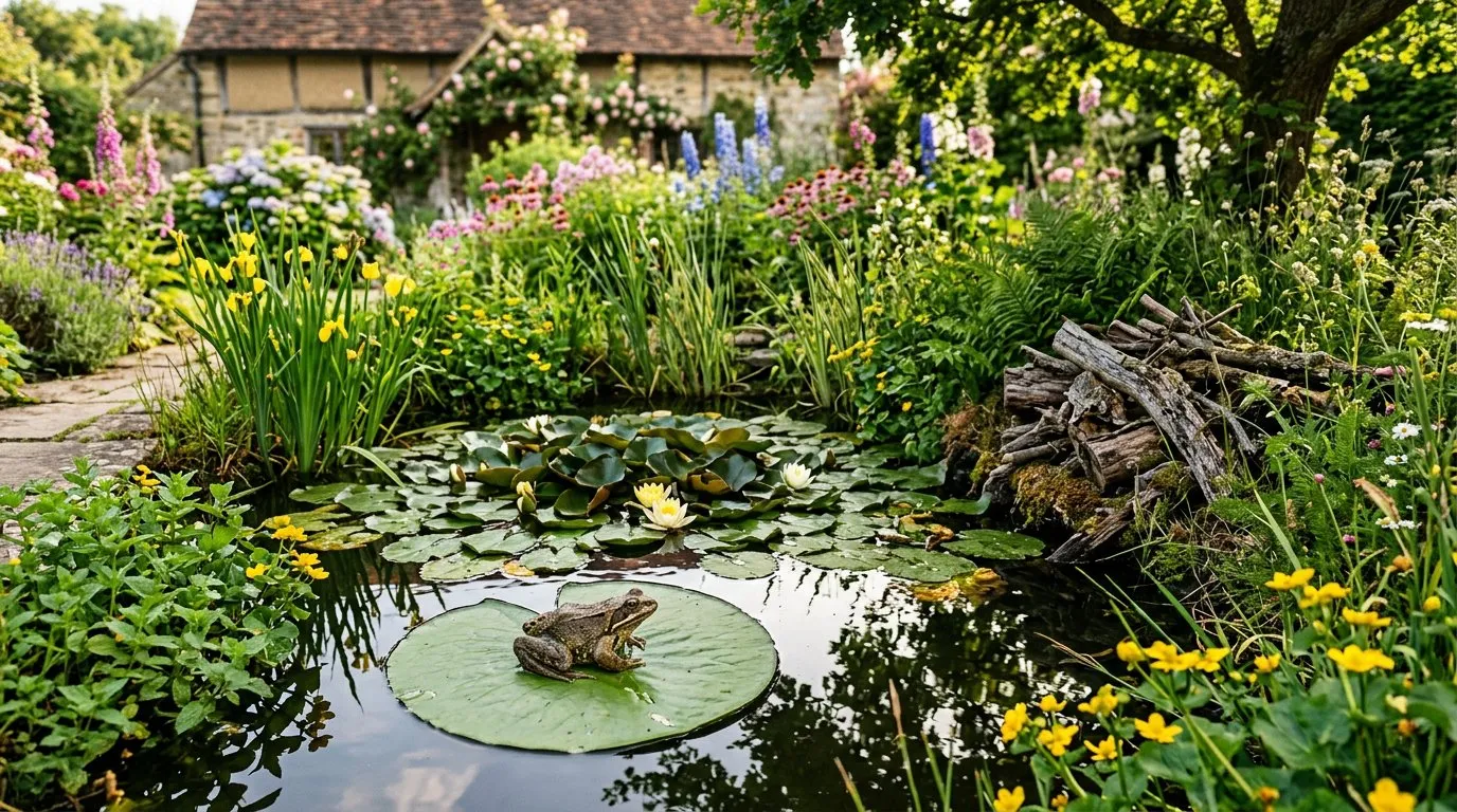 Established wildlife pond with marginal plants, water lilies, and a frog in a UK cottage garden