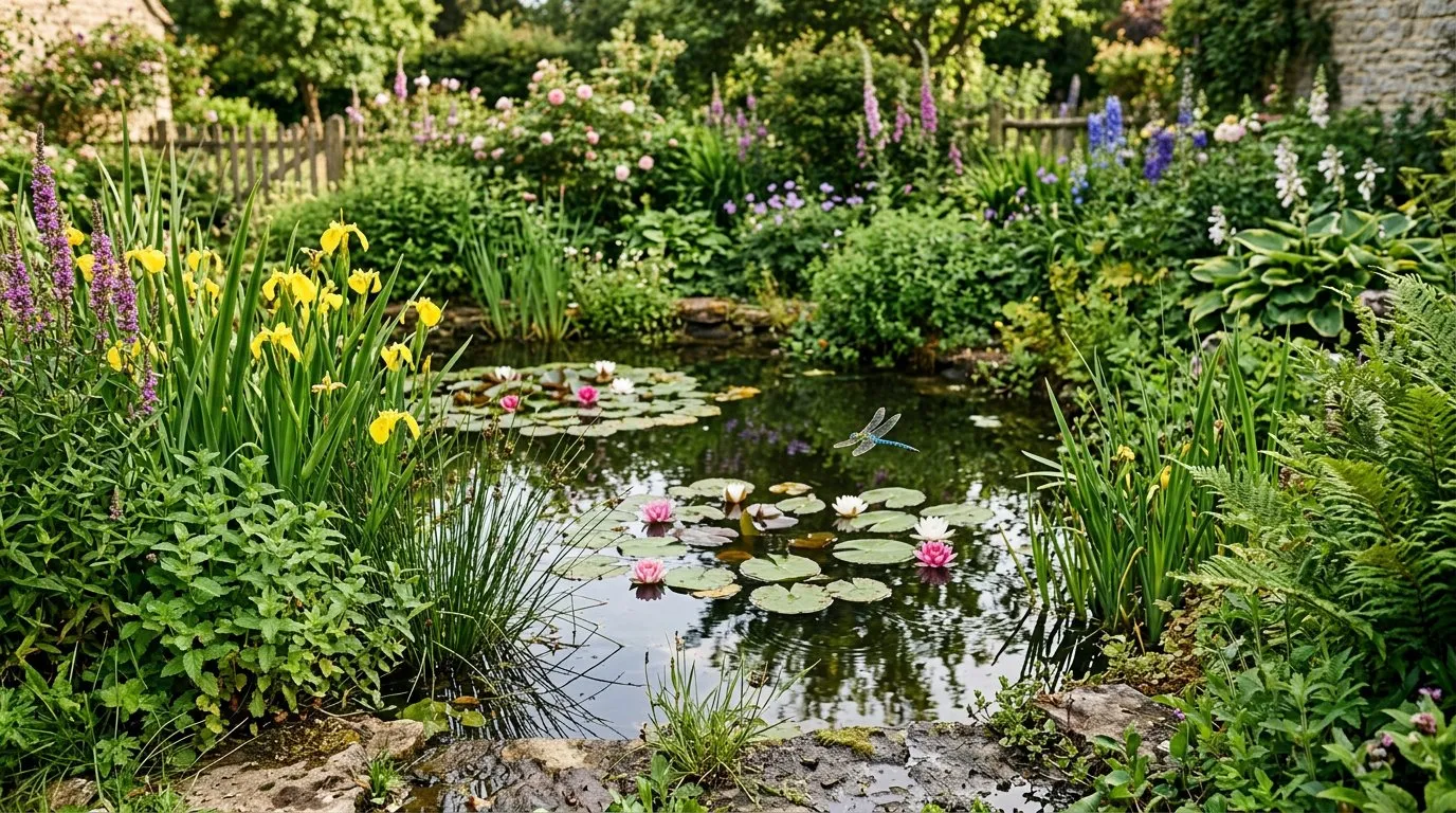 Small wildlife pond with gently sloping stone edge surrounded by native marginal plants in a UK garden