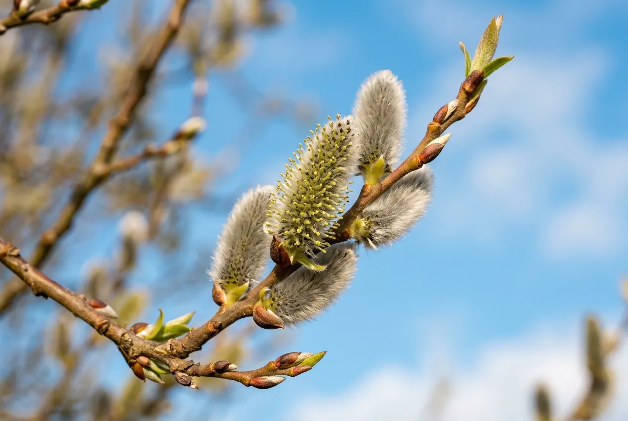 Willow catkins opening in spring on Salix caprea branches against blue sky in UK garden