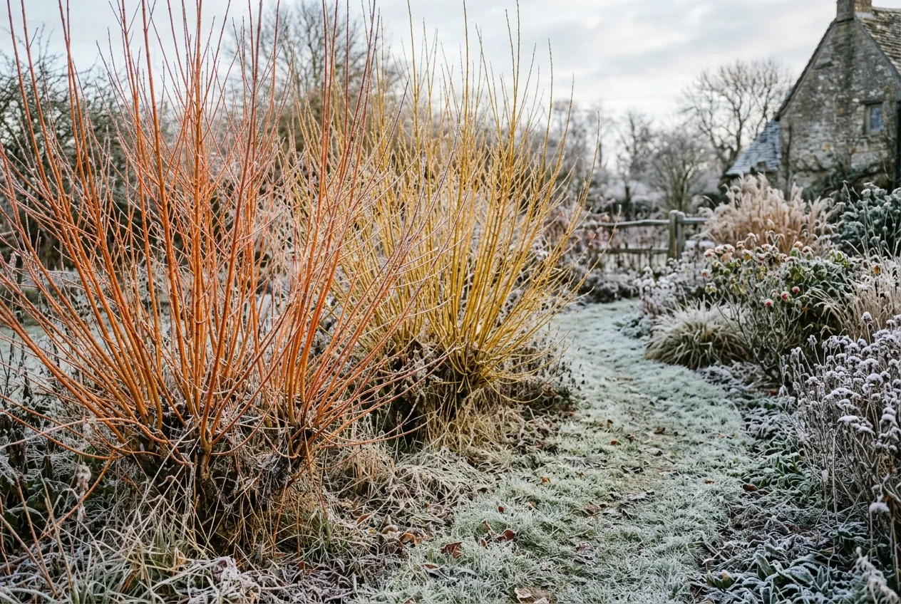 Coloured willow stems in winter showing orange-red Britzensis and golden-yellow Vitellina side by side in a frosty UK garden
