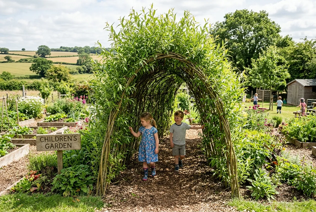 Living willow tunnel creating a shaded walkway in a UK children's garden with rural countryside backdrop