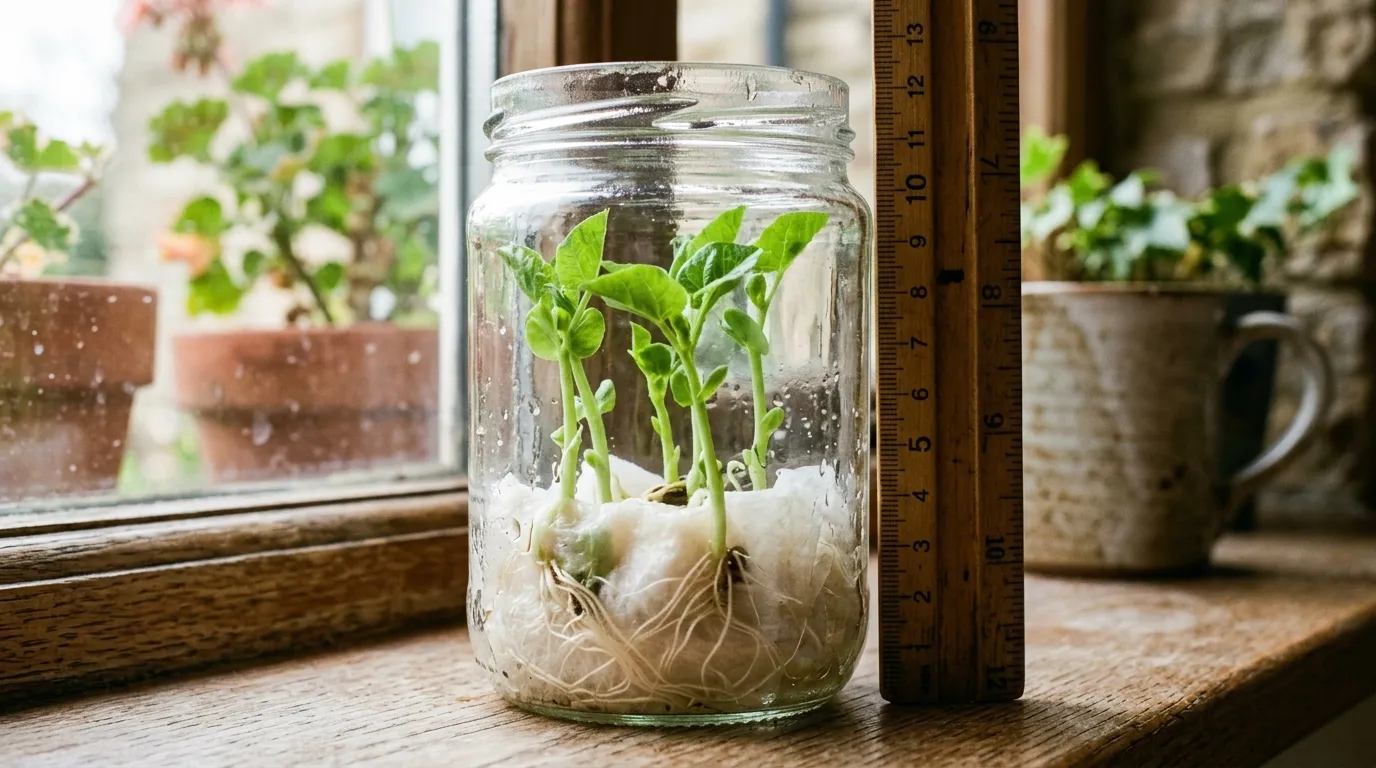 A glass jar of green bean shoots on a sunny windowsill with a wooden ruler showing 8cm growth