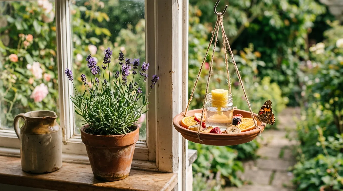 A butterfly feeder with overripe fruit and lavender pot on a windowsill in a UK summer garden
