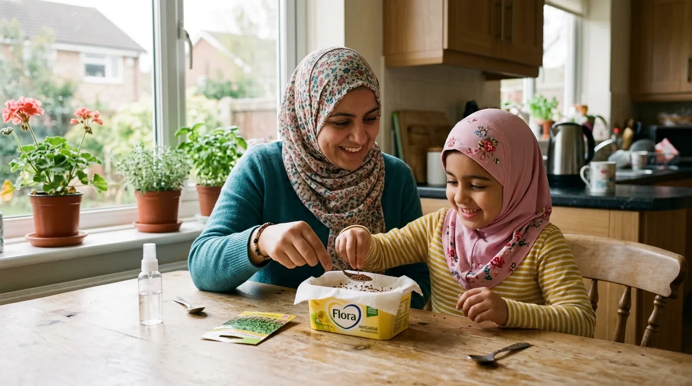 A Muslim mother and her daughter sowing cress seeds together at a sunny kitchen table