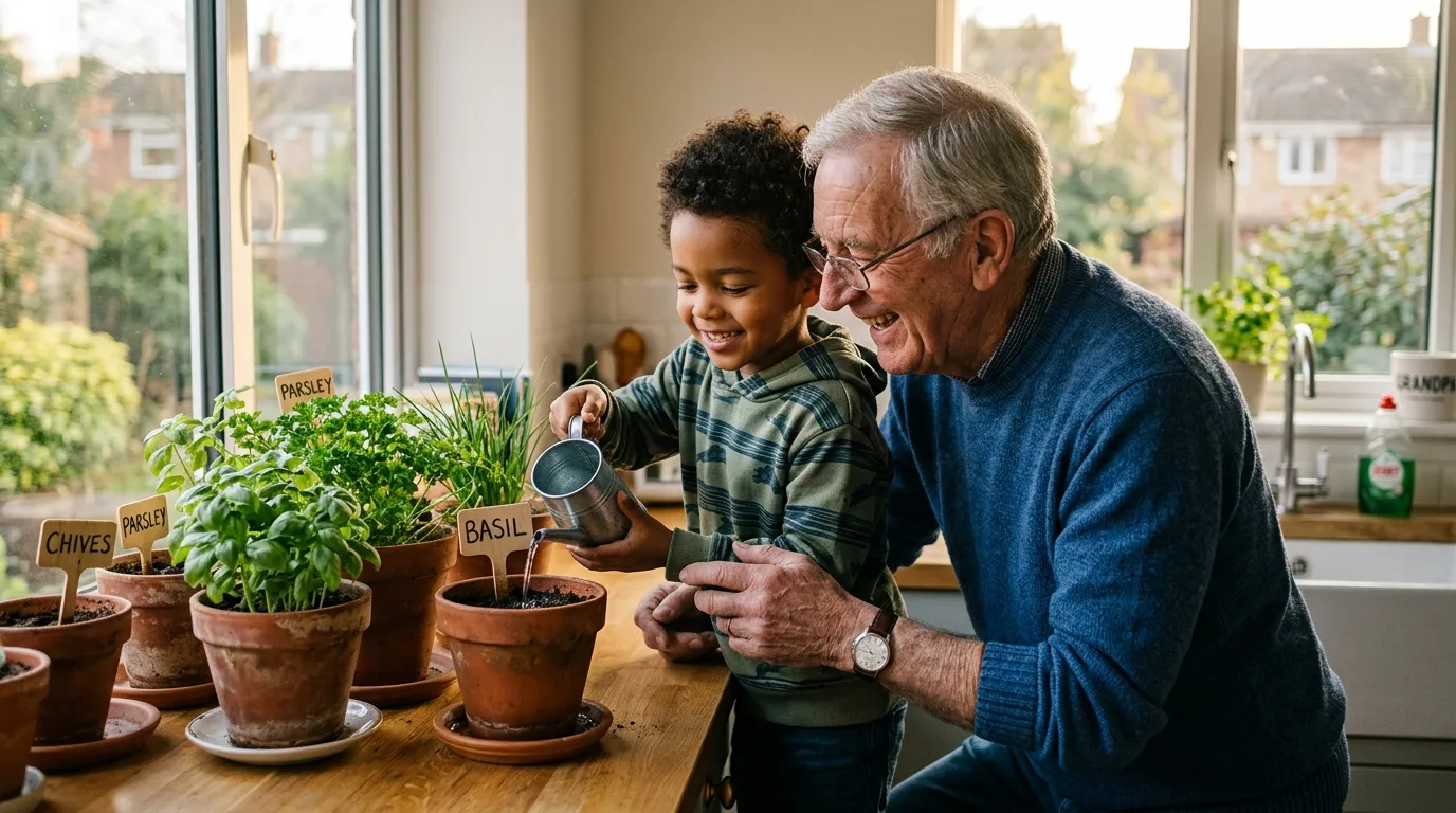 A grandfather and grandson tending a windowsill herb garden with basil, parsley and chives in terracotta pots