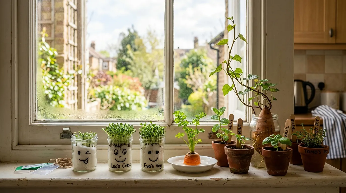 A UK kitchen windowsill lined with children's mini-gardens including cress heads, carrot tops, sweet potatoes and herb pots