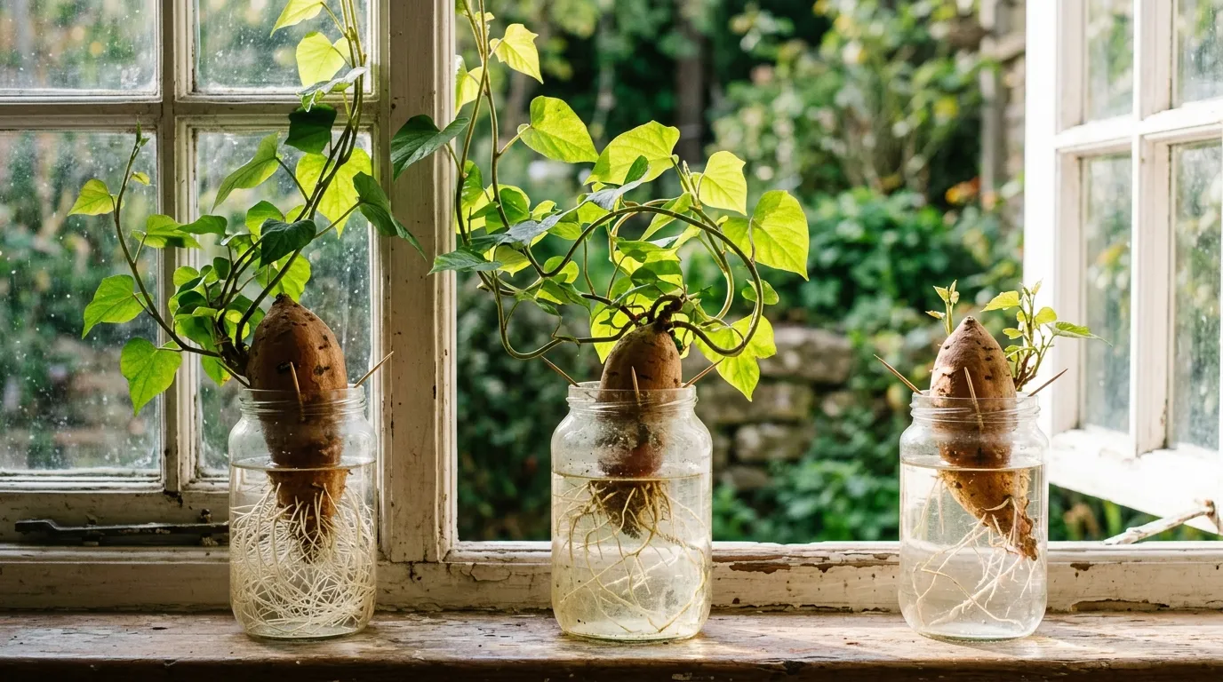 Three glass jars of sweet potatoes with roots and climbing vines on a sunny UK windowsill