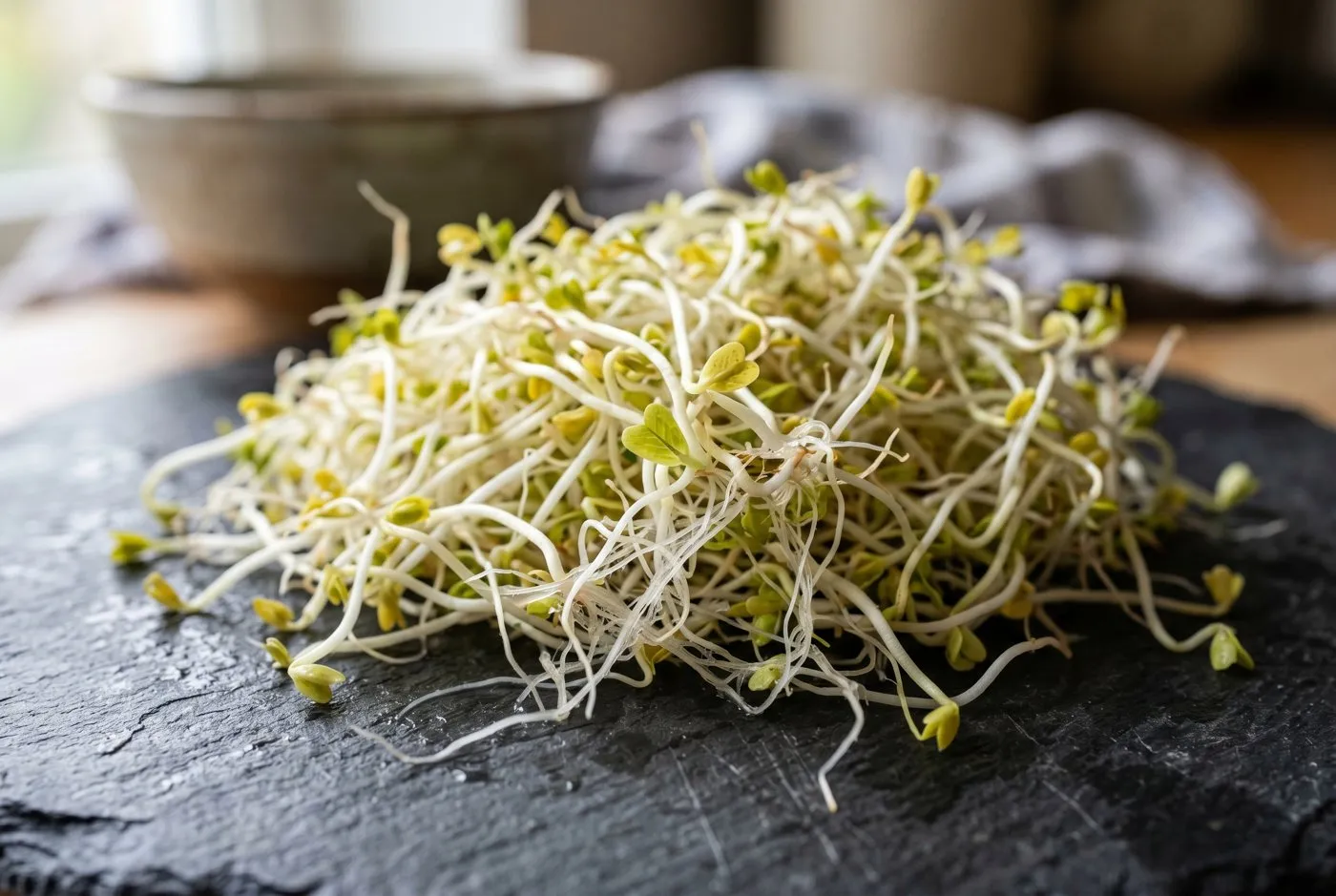 Fresh alfalfa sprouts in close-up showing fine white stems and tiny green leaves with delicate white root hairs
