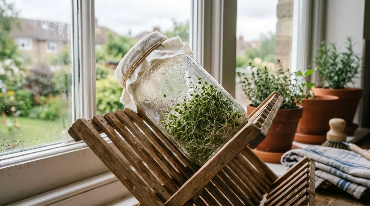 A glass jar of fresh alfalfa sprouts with a muslin lid draining at an angle on a bright UK kitchen windowsill