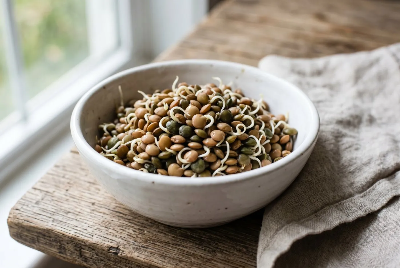 Sprouted brown and green lentils in a white bowl, each showing a short curled white root tail