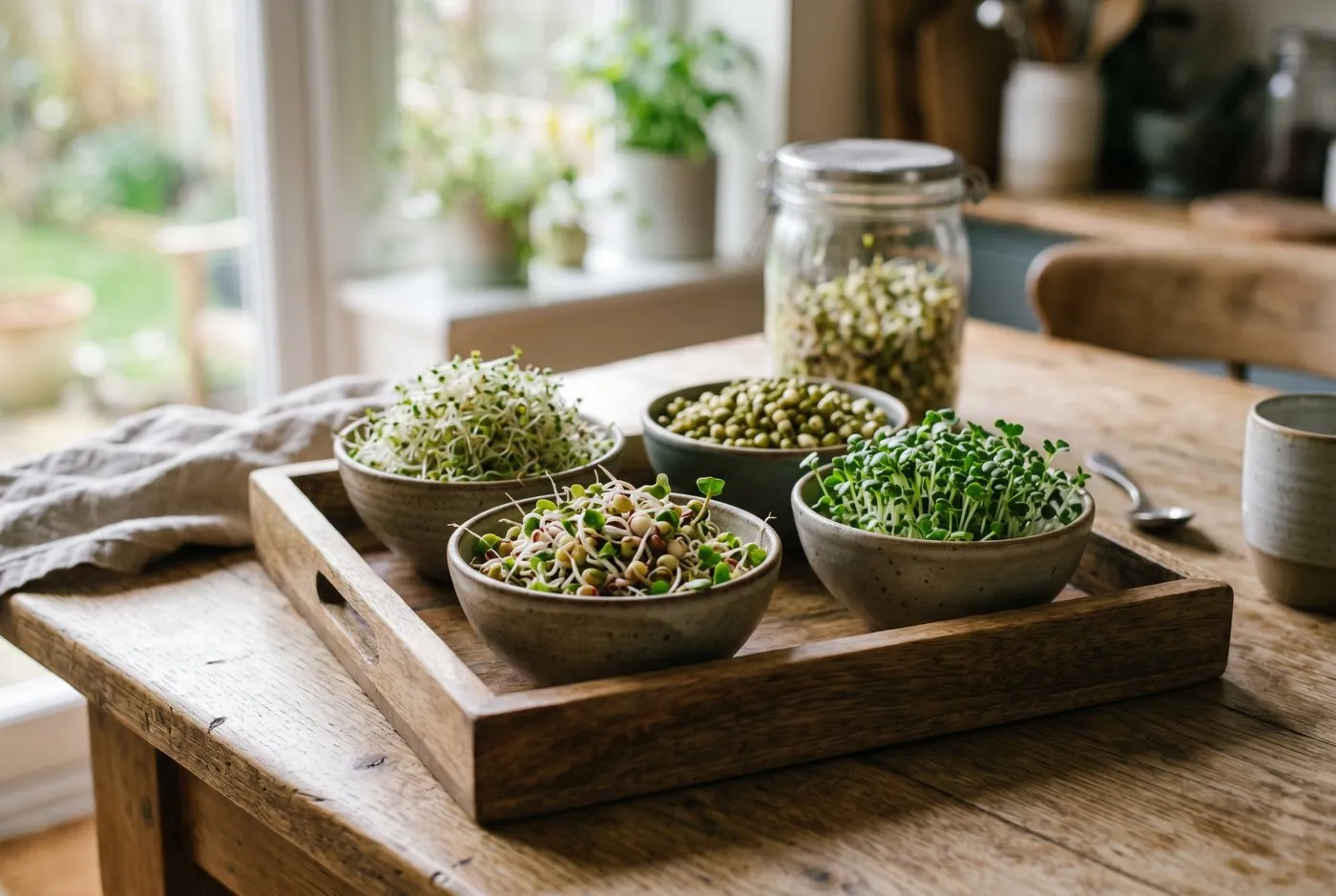 A wooden tray holding small bowls of mixed alfalfa, mung bean, radish and broccoli sprouts ready to eat
