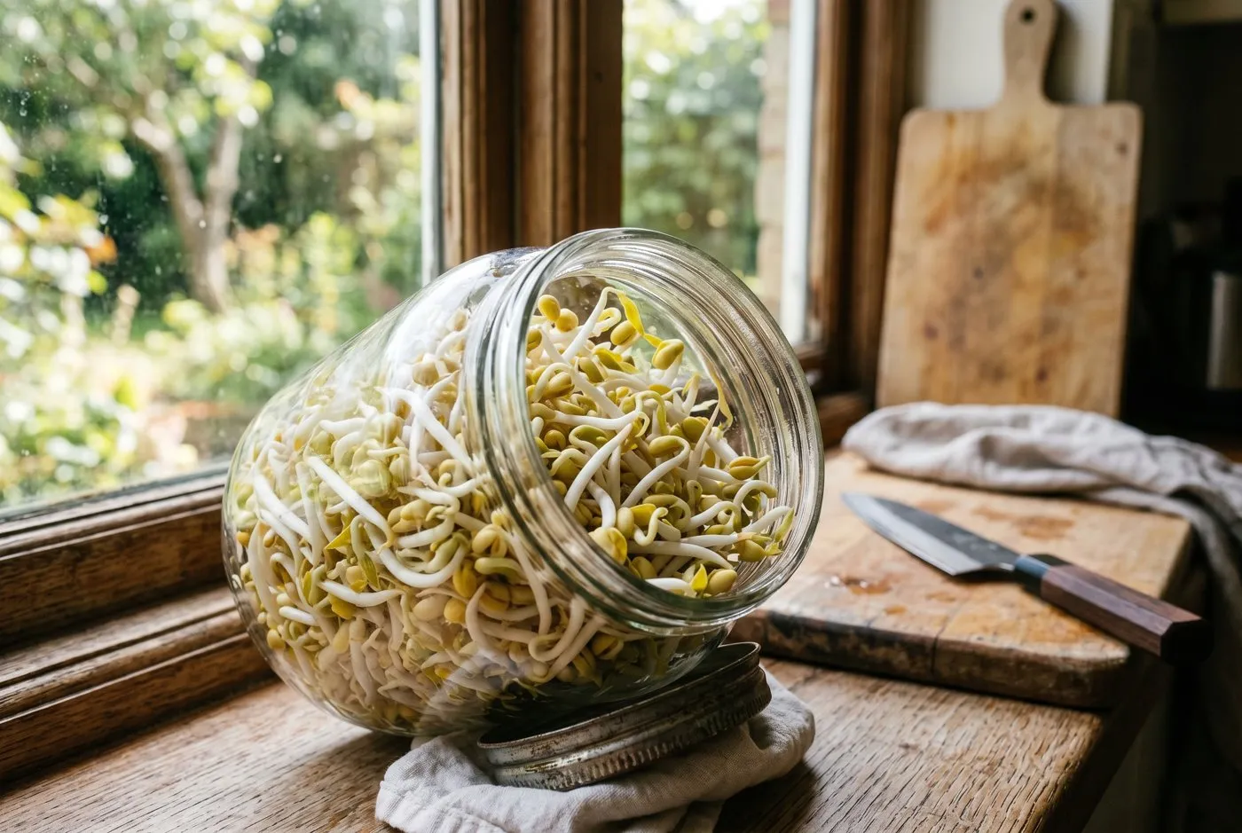 Plump white mung bean sprouts with thick stems filling a tilted glass jar on a kitchen windowsill