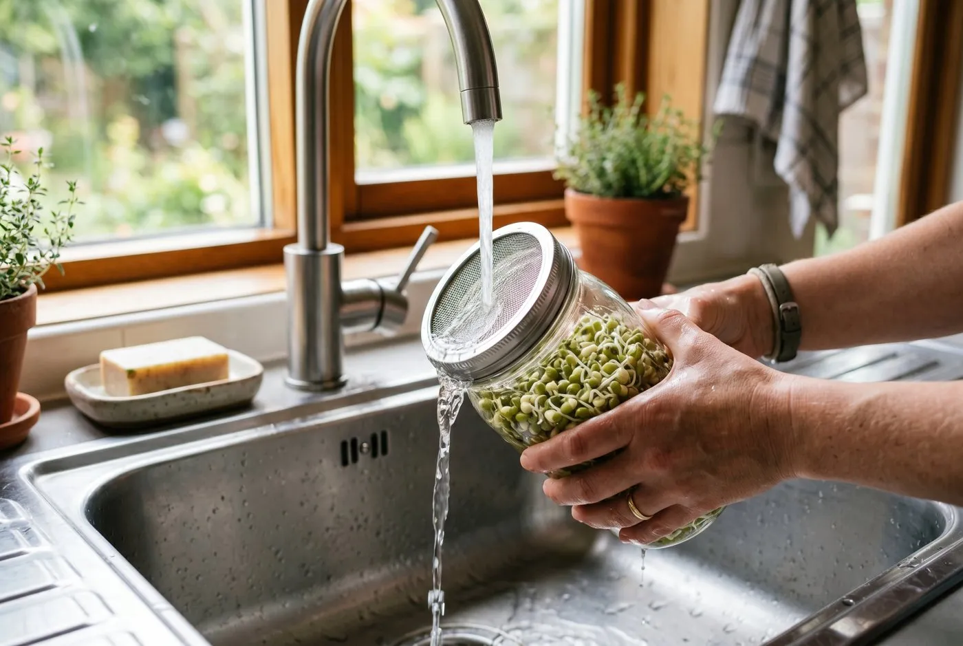 A person's hands rinsing a jar of sprouts under a running tap at a kitchen sink, water draining through the mesh lid