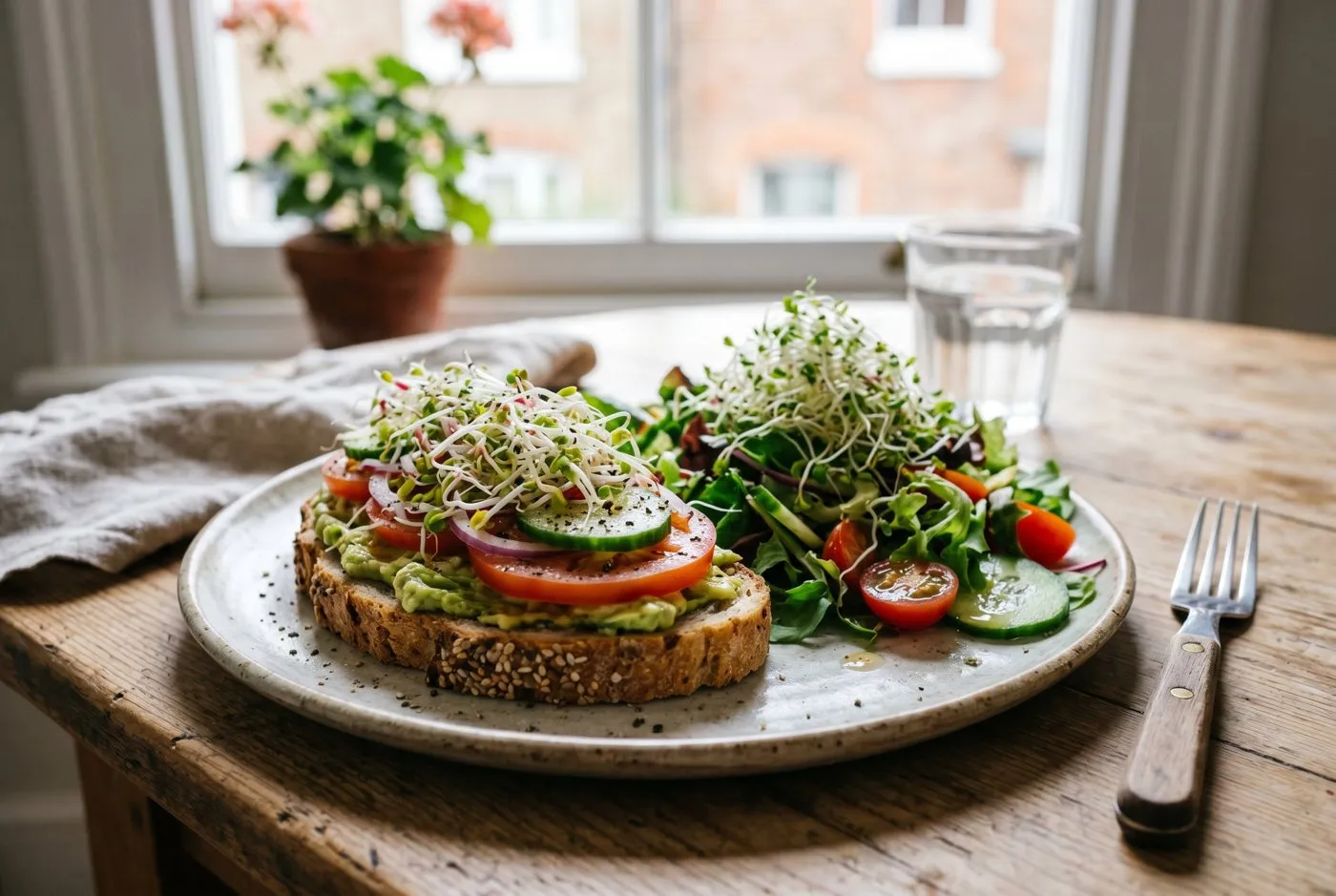 A fresh salad and an open sandwich topped with a handful of alfalfa and radish sprouts on a kitchen table