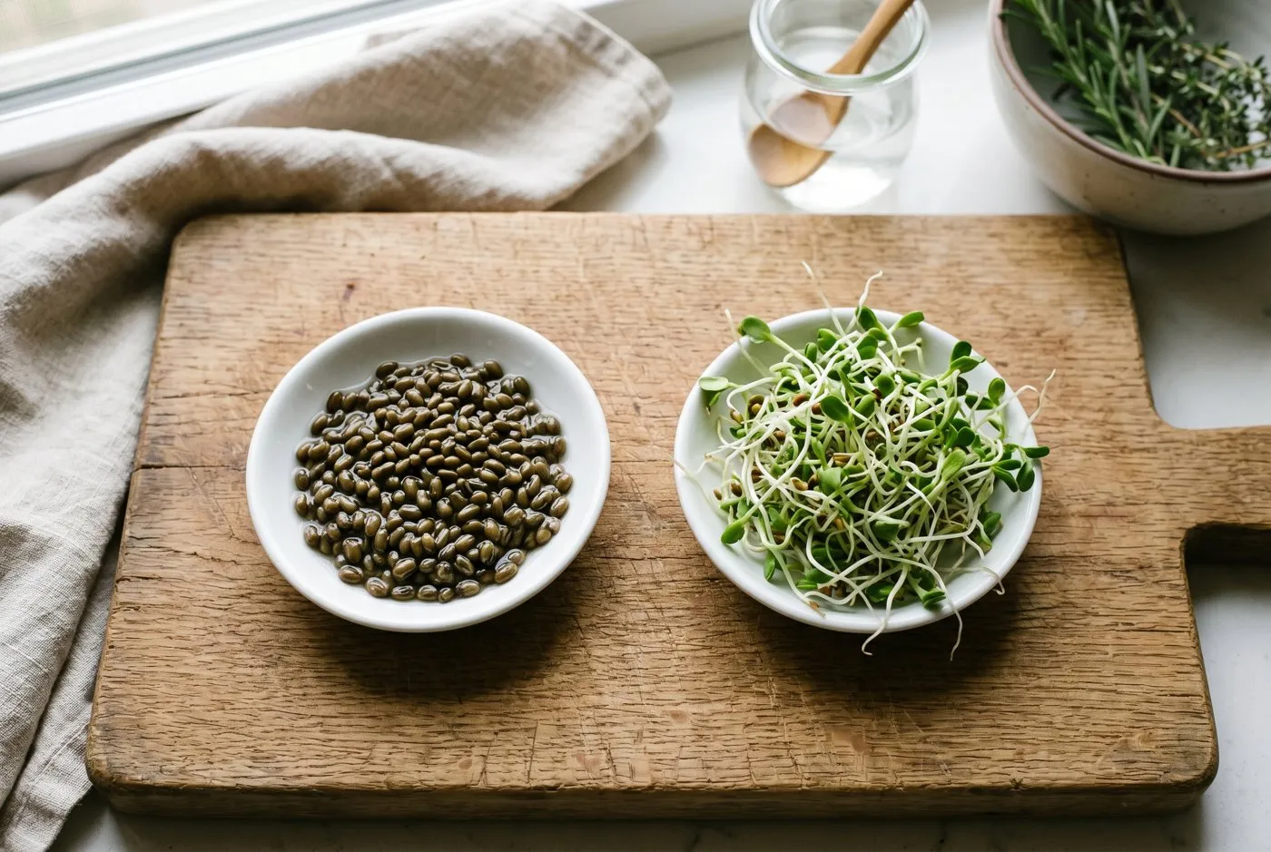 An overhead comparison of soaked swollen seeds in one dish and the same seeds fully sprouted in another
